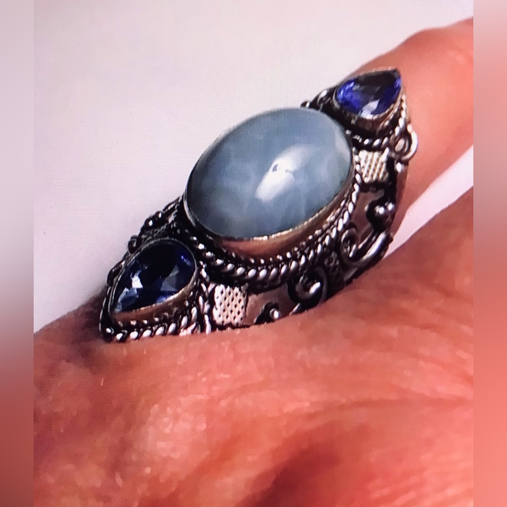 Owhyee Opal Blue Topaz Stamped 925 Sterling Silver Ring